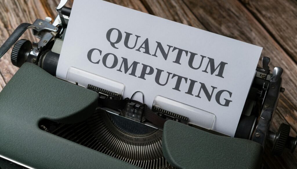 Futuristic quantum computer with glowing qubits and advanced computing interface