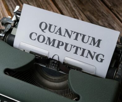 Futuristic quantum computer with glowing qubits and advanced computing interface